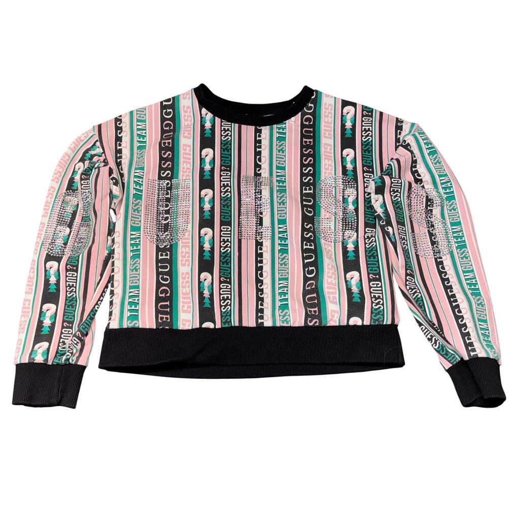 Guess Sweatshirt 8 Girls Pink Rhinestone Stripe Cropped All Over Print Pullover